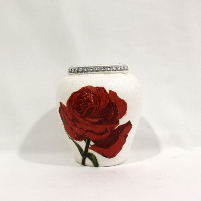 Pote Branco com Desenho de Rosa Vermelha
